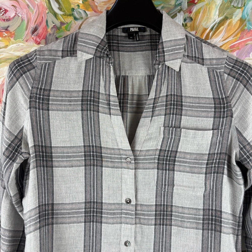 PAIGE Gray Plaid Buttonless Shirt Blouse Size M - Picture 7 of 12